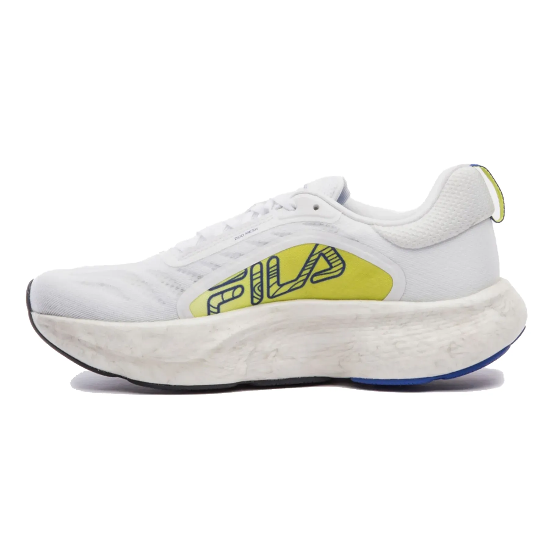 Tênis Fila Float Maxxi 2 branco masculino visto de lado destacando sola amarela e detalhes azul royal